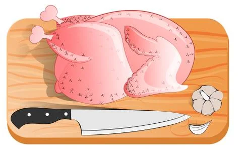 Raw chicken on a kitchen board with a knife and garlic Stock Illustration
