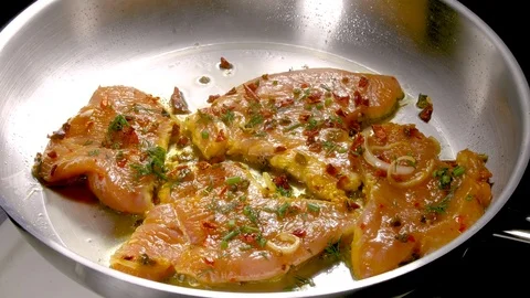 Raw chicken meat on pan at kitchen. Chicken chops. Stock Footage 122836962