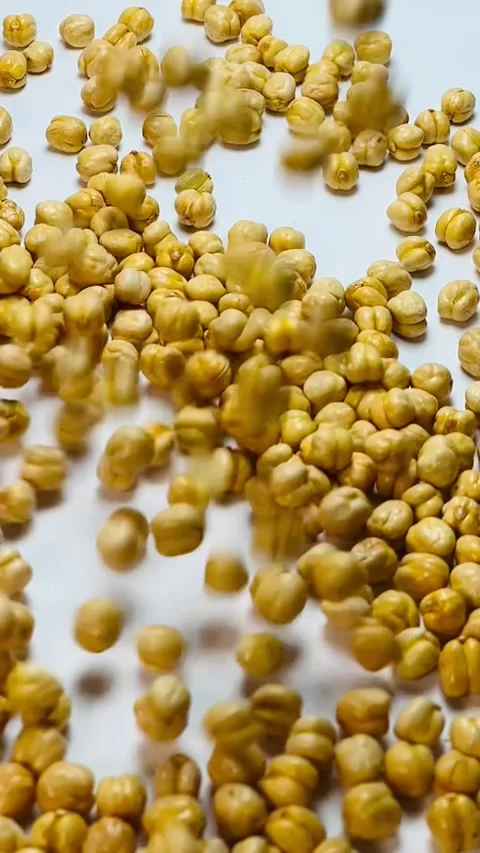 Raw chickpeas falling on slow motion top view white background, vertical format, Stock Footage 336471735