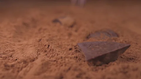 Raw chocolate falling into cacoa powder Stock Footage 148334557