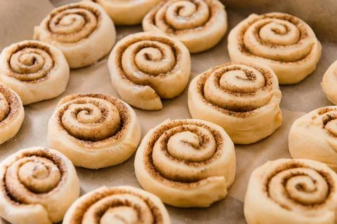 Raw cinnamon rolls before baking Stock Photos