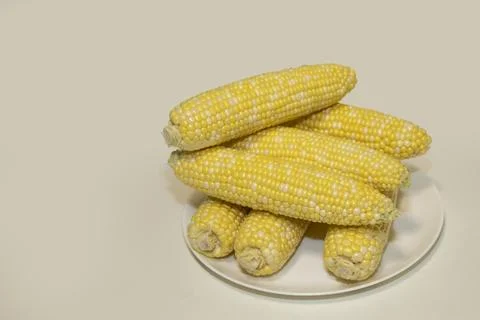 Raw cobs of sweet corn on plate against background. Tasty sweet corn on cobs Stock Photos