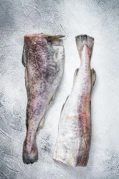 Raw cod whole fish on kitchen table. White background. Top view Stock Photos