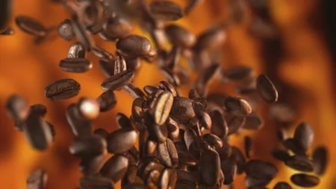 Raw coffee beans flying on the fire Stock-Footage 123481936