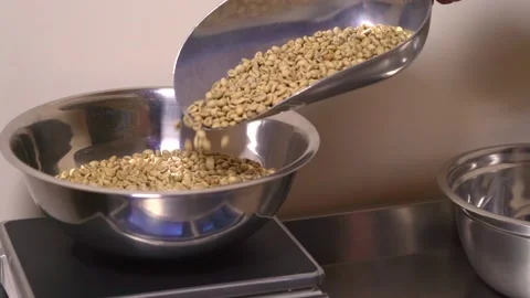 Raw coffee beans, preparation for roasting, moisture and weight measurement. Stock Footage 219530349
