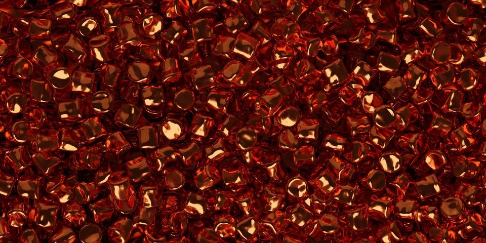 Raw copper pellets or wire cuts heap flat lay top view from above, industri.. Illustrazione stock