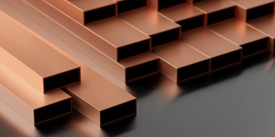 Raw copper rectangle profiles stacked on dark floor background, constructio.. Illustrazione stock