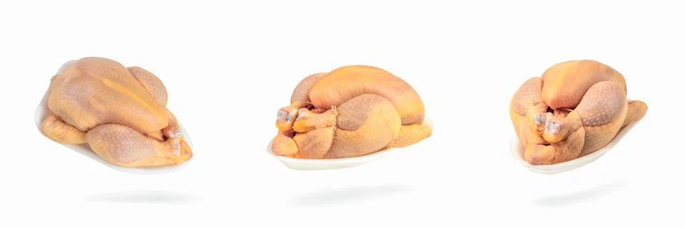 Raw corn chicken big set, isolated on white background. The chicken carcass is Stock Photos