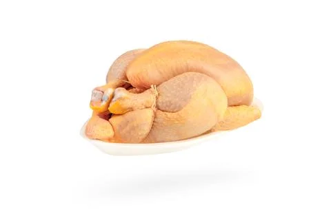 Raw corn chicken isolated on white background. The chicken carcass is packed in Stock Photos