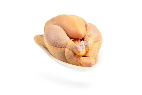 Raw corn chicken isolated on white background. The chicken carcass is packed in Stock Photos