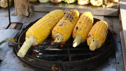 Raw corn is cooking on the grill Vídeos de archivo 120801756