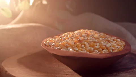 Raw corn in a wooden pot 스톡 동영상 130902176