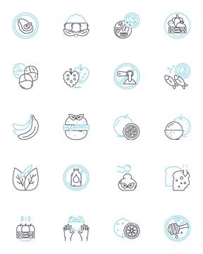 Raw cuisine linear icons set. Vegetarian, Vegan, Uncooked, Organic, Wholefoods Stock Illustration