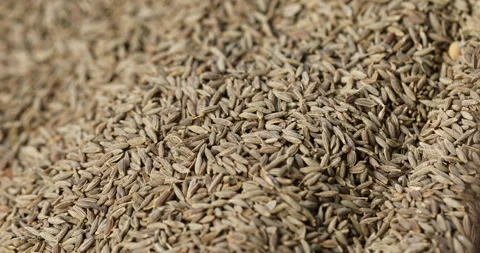 Raw cumin seeds displayed in bulk at a local market Stock Footage 324177427