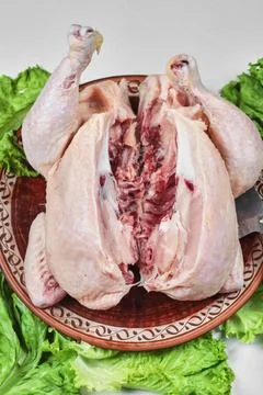 Raw cut chicken on ceramic plate with lettuce and knife Stock Photos