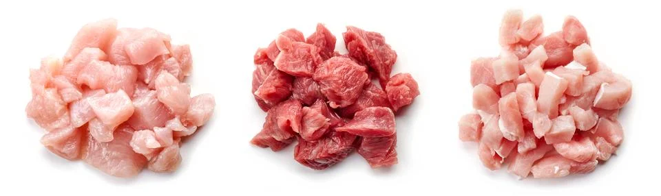Raw cut meat isolated on white, from above Stock Photos