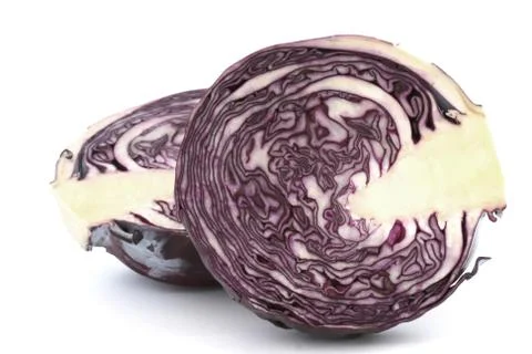 Raw cut red cabbage halves on white background Stock Photos