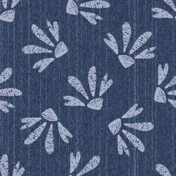 Raw Denim Blue Chambray Texture Background with Printed White Daisy. Indigo Stock Illustration