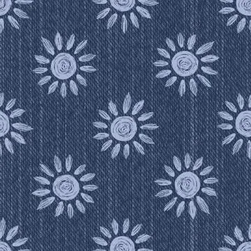 Raw Denim Blue Chambray Texture Background with Printed White Daisy. Indigo Stock Illustration
