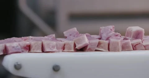 Raw diced pork arranged on a white cutting board, Static Shot Stock Footage 340036591