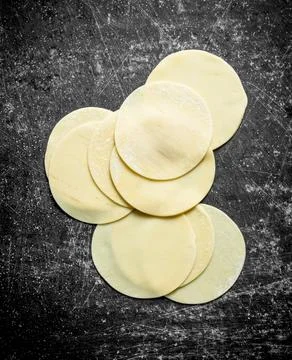 Raw dumpling. Rolled out round dough for dumplings. Stock Photos