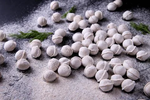 Raw dumplings background on a dark background Stock Photos