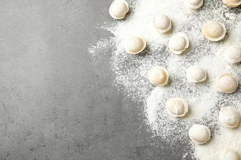 Raw dumplings on grey background, flat lay with space for text. Process of co Stock Photos
