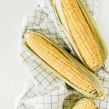 Raw ears of corn on blanket. Flat lay, top view vegetarian food concept. Stock Photos