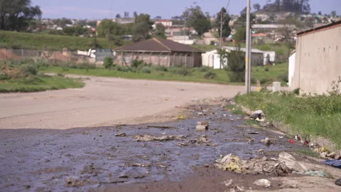 Raw Effluent Streaming Along Dirt Road in South African Settlement Stock Footage 346455349