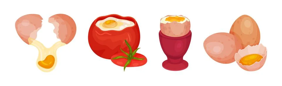 Raw Egg in Cracked Shell and in Tomato Vector Set Illustrazione stock