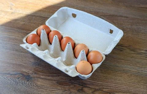 Raw eggs inside an eco-friendly cardboard box. Fresh farm products, wholeso.. Stock Photos