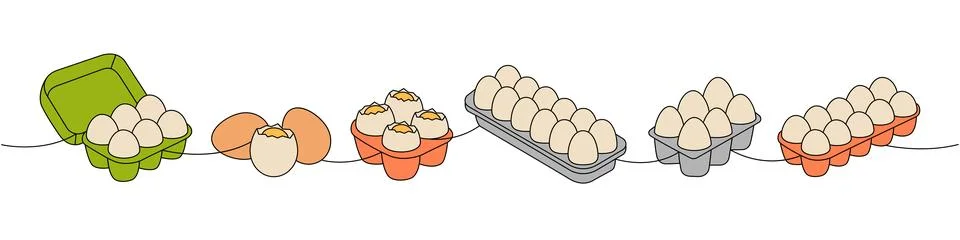 Raw eggs one line colored continuous drawing. Boiled eggs, broken eggshell Stock Illustration
