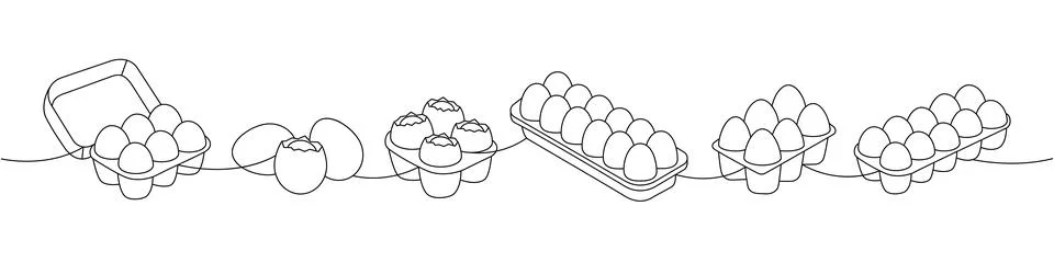 Raw eggs one line continuous drawing. Boiled eggs, broken eggshell, omelette Stock Illustration
