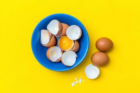 Raw eggs, yolk and shell in a blue plate on a yellow background. Concept of Stock Photos