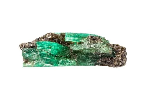 Raw emerald crystal isolated on white close up of sample of natural stone ... Stock Photos