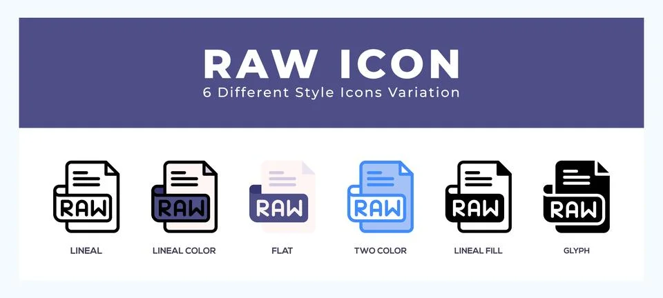 Raw file icon set with different styles. Design elements for logo. Vector i.. Stock Illustration