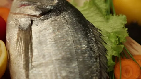 Raw Fish And Fresh Ingredients For Seafood Cooking Видео 343741619
