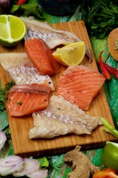 Raw Fish and Spices Stock Photos