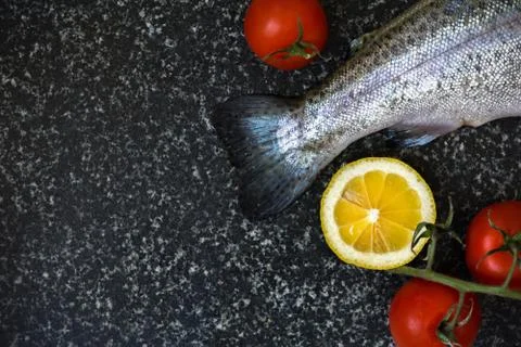 Raw fish on dark background Stock Photos