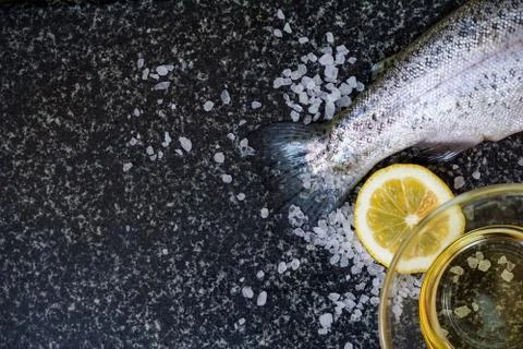 Raw fish on dark background Stock Photos
