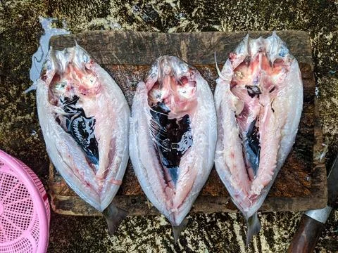 Raw fish that has been cleaned. raw fish slices flat lay photo Stock Photos