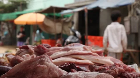 Raw fish, meat with flies close-up in Asian street market Stock Footage 48005245