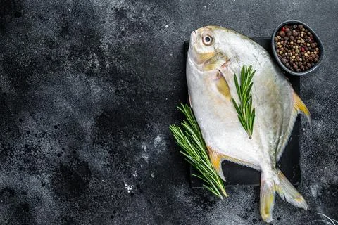 Raw fish pompano with herbs on a marble board. Black background. Top view. Copy Stock Photos
