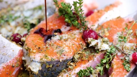Raw fish salmon or trout with soy and pomegranate sauce Stock Footage 149686550