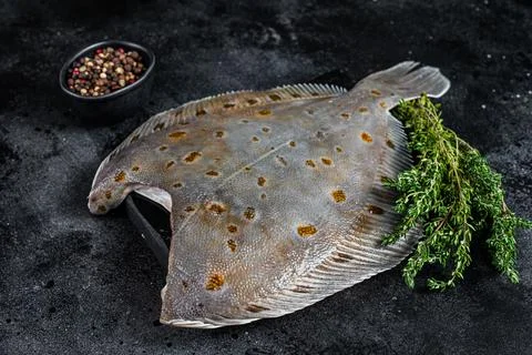 Raw flounder flatfish fish on marble board with thyme. Black background. Top Stock Photos