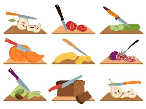 Raw food cutting. Chef cut vegetables and fruits with knife on wood board Stock Illustration