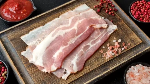 Raw fresh bacon slices with layers of meat or prosciutto with salt and spices Stock-Footage 335377866