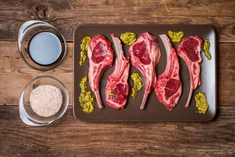 Raw fresh lamb ribs with sauce Stock Photos