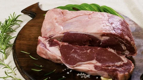 Raw fresh meat cut, panning close up shot Stockbeeldmateriaal 102610522