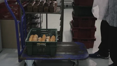 Raw frozen buns for burgers of white dough packed in transparent plastic bags in Stock Footage